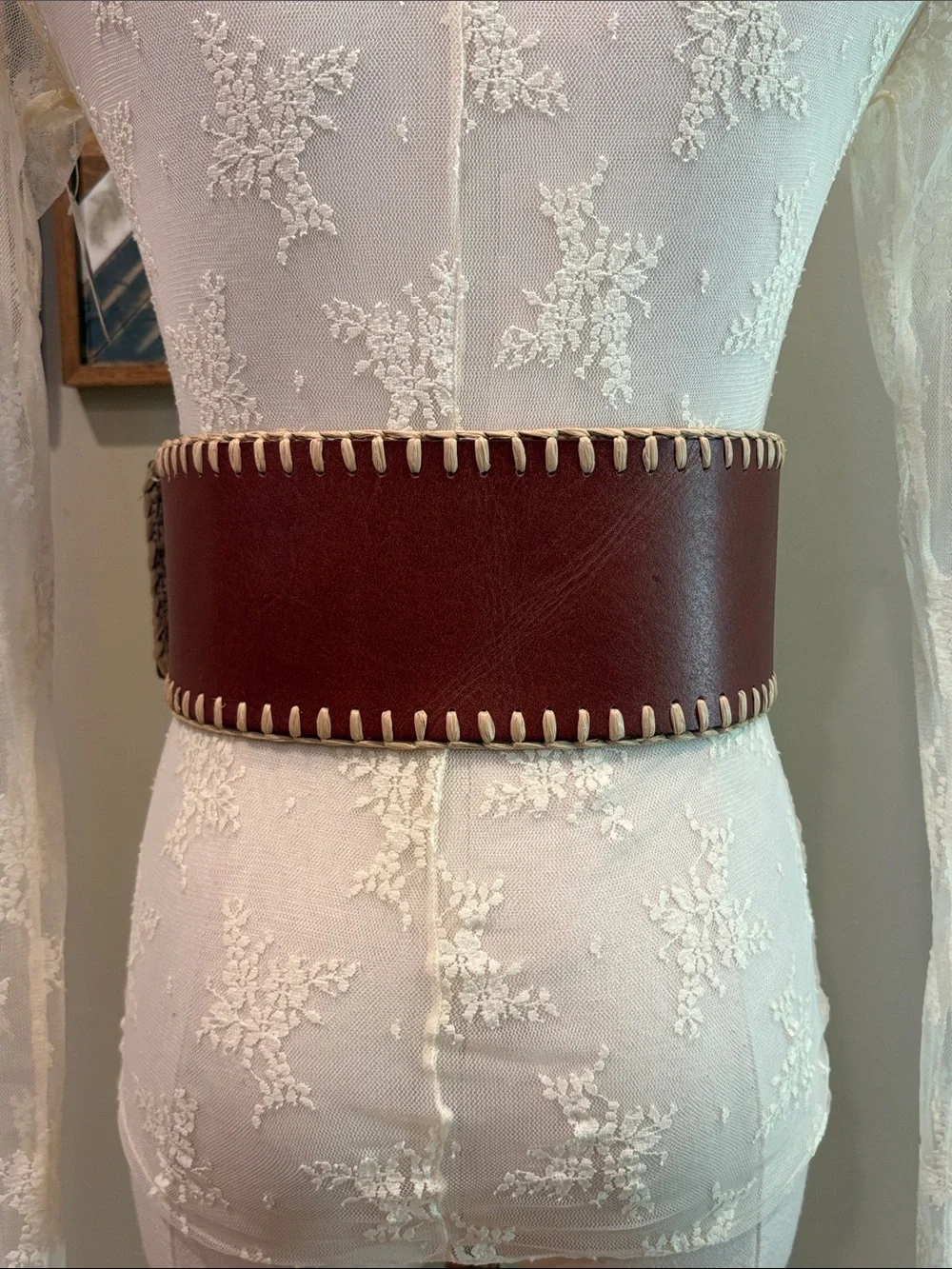 Polo Ralph Lauren Reversible Faux-Raffia Wide Leather Stitch Corset Belt Small